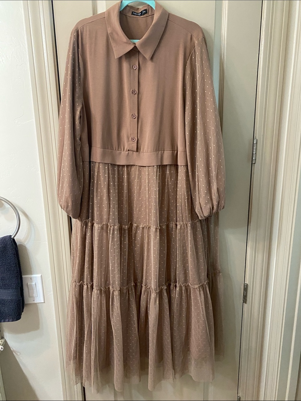 Layered Dot Tulle Midi Dress in Taupe